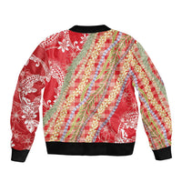 Red Palaka Hawaii Leis Sleeve Zip Bomber Jacket Hawaiian-plaid Elegant Tropical Vibes - Polynesian Pride