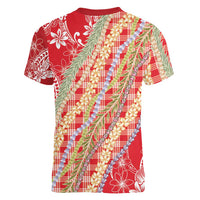 Red Palaka Hawaii Leis Women V-Neck T-Shirt Hawaiian-plaid Elegant Tropical Vibes - Polynesian Pride