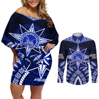 Tonga Tupou College And Queen Salote College Couples Matching Off Shoulder Short Dress and Long Sleeve Button Shirt Tongan Ngatu Pattern LT14 Blue - Polynesian Pride