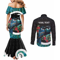 Personalised Valentine's Day New Zealand Couples Matching Mermaid Dress and Long Sleeve Button Shirt Tui Bird Couple Kowhaiwhai Mix Pohutukawa LT14 - Polynesian Pride