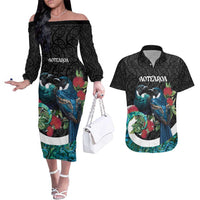 Personalised Valentine's Day New Zealand Couples Matching Off The Shoulder Long Sleeve Dress and Hawaiian Shirt Tui Bird Couple Kowhaiwhai Mix Pohutukawa LT14 Black - Polynesian Pride