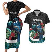 Personalised Valentine's Day New Zealand Couples Matching Short Sleeve Bodycon Dress and Hawaiian Shirt Tui Bird Couple Kowhaiwhai Mix Pohutukawa LT14 Black - Polynesian Pride