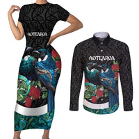 Personalised Valentine's Day New Zealand Couples Matching Short Sleeve Bodycon Dress and Long Sleeve Button Shirt Tui Bird Couple Kowhaiwhai Mix Pohutukawa LT14 Black - Polynesian Pride