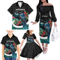 Personalised Valentine's Day New Zealand Family Matching Off The Shoulder Long Sleeve Dress and Hawaiian Shirt Tui Bird Couple Kowhaiwhai Mix Pohutukawa LT14 - Polynesian Pride