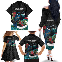 Personalised Valentine's Day New Zealand Family Matching Off The Shoulder Long Sleeve Dress and Hawaiian Shirt Tui Bird Couple Kowhaiwhai Mix Pohutukawa LT14 - Polynesian Pride