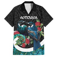 Personalised Valentine's Day New Zealand Family Matching Off The Shoulder Long Sleeve Dress and Hawaiian Shirt Tui Bird Couple Kowhaiwhai Mix Pohutukawa LT14 Dad's Shirt - Short Sleeve Black - Polynesian Pride