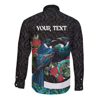 Personalised Valentine's Day New Zealand Long Sleeve Button Shirt Tui Bird Couple Kowhaiwhai Mix Pohutukawa LT14 - Polynesian Pride