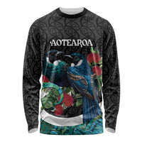 Personalised Valentine's Day New Zealand Long Sleeve Shirt Tui Bird Couple Kowhaiwhai Mix Pohutukawa LT14 Unisex Black - Polynesian Pride