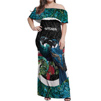 Personalised Valentine's Day New Zealand Off Shoulder Maxi Dress Tui Bird Couple Kowhaiwhai Mix Pohutukawa LT14 Women Black - Polynesian Pride