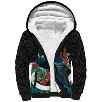 Personalised Valentine's Day New Zealand Sherpa Hoodie Tui Bird Couple Kowhaiwhai Mix Pohutukawa LT14 Unisex Black - Polynesian Pride