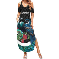 Personalised Valentine's Day New Zealand Summer Maxi Dress Tui Bird Couple Kowhaiwhai Mix Pohutukawa LT14 Women Black - Polynesian Pride