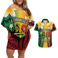 Vanuatu Independence Day Couples Matching Off Shoulder Short Dress and Hawaiian Shirt Long God Yumi Stanap Happy 46th Anniversary LT14 Reggae - Polynesian Pride