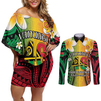 Vanuatu Independence Day Couples Matching Off Shoulder Short Dress and Long Sleeve Button Shirt Long God Yumi Stanap Happy 46th Anniversary LT14 Reggae - Polynesian Pride