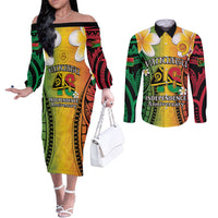 Vanuatu Independence Day Couples Matching Off The Shoulder Long Sleeve Dress and Long Sleeve Button Shirt Long God Yumi Stanap Happy 46th Anniversary LT14 Reggae - Polynesian Pride