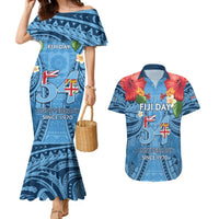 Fiji Day Couples Matching Mermaid Dress and Hawaiian Shirt Happy 54 Years Of Independence Tapa Pattern Blue LT14 Blue - Polynesian Pride
