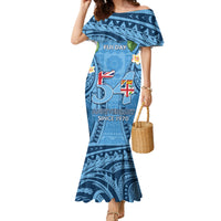 Fiji Day Family Matching Mermaid Dress and Hawaiian Shirt Happy 54 Years Of Independence Tapa Pattern Blue LT14 Mom's Dress Blue - Polynesian Pride