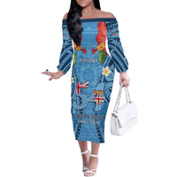 Fiji Day Family Matching Off The Shoulder Long Sleeve Dress and Hawaiian Shirt Happy 54 Years Of Independence Tapa Pattern Blue LT14 Mom's Dress Blue - Polynesian Pride