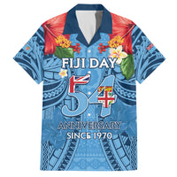 Fiji Day Family Matching Off Shoulder Short Dress and Hawaiian Shirt Happy 54 Years Of Independence Tapa Pattern Blue LT14 Dad's Shirt - Short Sleeve Blue - Polynesian Pride