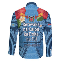 Fiji Day Family Matching Off Shoulder Short Dress and Hawaiian Shirt Happy 54 Years Of Independence Tapa Pattern Blue LT14 - Polynesian Pride