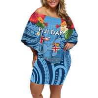 Fiji Day Family Matching Off Shoulder Short Dress and Hawaiian Shirt Happy 54 Years Of Independence Tapa Pattern Blue LT14 Mom's Dress Blue - Polynesian Pride