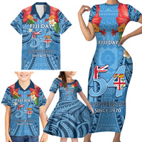 Fiji Day Family Matching Short Sleeve Bodycon Dress and Hawaiian Shirt Happy 54 Years Of Independence Tapa Pattern Blue LT14 - Polynesian Pride