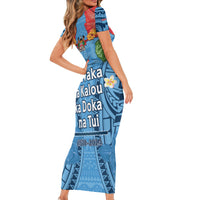 Fiji Day Family Matching Short Sleeve Bodycon Dress and Hawaiian Shirt Happy 54 Years Of Independence Tapa Pattern Blue LT14 - Polynesian Pride
