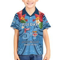 Fiji Day Family Matching Short Sleeve Bodycon Dress and Hawaiian Shirt Happy 54 Years Of Independence Tapa Pattern Blue LT14 Son's Shirt Blue - Polynesian Pride