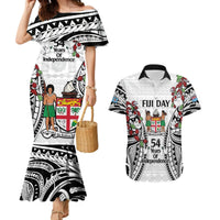 Fiji Day Couples Matching Mermaid Dress and Hawaiian Shirt Happy 54 Years Of Independence Tapa Pattern White LT14 White - Polynesian Pride