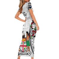 Fiji Day Family Matching Short Sleeve Bodycon Dress and Hawaiian Shirt Happy 54 Years Of Independence Tapa Pattern White