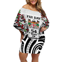 Fiji Day Off Shoulder Short Dress Happy 54 Years Of Independence Tapa Pattern White LT14 Women White - Polynesian Pride