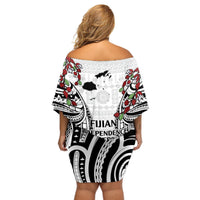Fiji Day Off Shoulder Short Dress Happy 54 Years Of Independence Tapa Pattern White LT14 - Polynesian Pride