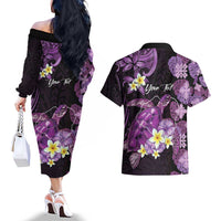 Personalised Aloha Hawaii Kauai Island Couples Matching Off The Shoulder Long Sleeve Dress and Hawaiian Shirt Garden Isle Map Sea Turtle Plumeria