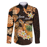 Personalised Aloha Hawaii Lanai Island Family Matching Off The Shoulder Long Sleeve Dress and Hawaiian Shirt Pineapple Isle Map Sea Turtle Plumeria