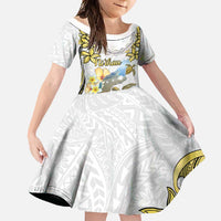 Personalised Aloha Hawaii Niihau Island Family Matching Long Sleeve Bodycon Dress and Hawaiian Shirt Forbidden Isle Map Shell Lei LT14 Daughter's Dress Yellow - Polynesian Pride