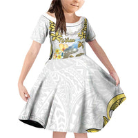 Personalised Aloha Hawaii Niihau Island Family Matching Off Shoulder Short Dress and Hawaiian Shirt Forbidden Isle Map Shell Lei LT14 Daughter's Dress Yellow - Polynesian Pride