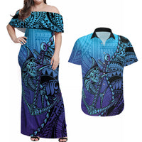 Personalised Polynesia Blue Marlin Fishing Couples Matching Off Shoulder Maxi Dress and Hawaiian Shirt Marlin Anchor Tattoo Polynesian Pattern