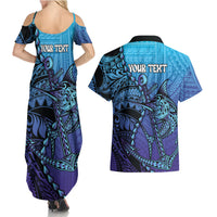 Personalised Polynesia Blue Marlin Fishing Couples Matching Summer Maxi Dress and Hawaiian Shirt Marlin Anchor Tattoo Polynesian Pattern