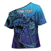 Personalised Polynesia Blue Marlin Fishing Cross Shoulder Shirt Marlin Anchor Tattoo Polynesian Pattern