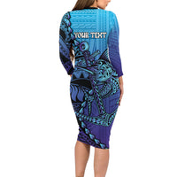 Personalised Polynesia Blue Marlin Fishing Family Matching Long Sleeve Bodycon Dress and Hawaiian Shirt Marlin Anchor Tattoo Polynesian Pattern LT14 - Polynesian Pride