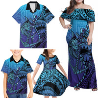 Personalised Polynesia Blue Marlin Fishing Family Matching Off Shoulder Maxi Dress and Hawaiian Shirt Marlin Anchor Tattoo Polynesian Pattern