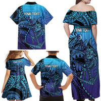 Personalised Polynesia Blue Marlin Fishing Family Matching Off Shoulder Maxi Dress and Hawaiian Shirt Marlin Anchor Tattoo Polynesian Pattern