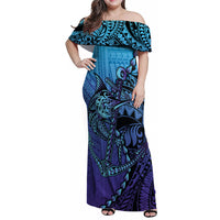 Personalised Polynesia Blue Marlin Fishing Family Matching Off Shoulder Maxi Dress and Hawaiian Shirt Marlin Anchor Tattoo Polynesian Pattern