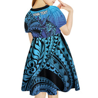 Personalised Polynesia Blue Marlin Fishing Kid Short Sleeve Dress Marlin Anchor Tattoo Polynesian Pattern