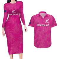 Custom New Zealand Silver Fern Rugby Couples Matching Long Sleeve Bodycon Dress and Hawaiian Shirt Go Aotearoa - Pink Version LT14 Pink - Polynesian Pride