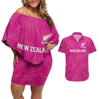 Custom New Zealand Silver Fern Rugby Couples Matching Off Shoulder Short Dress and Hawaiian Shirt Go Aotearoa - Pink Version LT14 Pink - Polynesian Pride