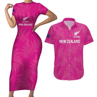 Custom New Zealand Silver Fern Rugby Couples Matching Short Sleeve Bodycon Dress and Hawaiian Shirt Go Aotearoa - Pink Version LT14 Pink - Polynesian Pride