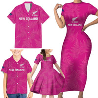 Custom New Zealand Silver Fern Rugby Family Matching Short Sleeve Bodycon Dress and Hawaiian Shirt Go Aotearoa - Pink Version LT14 - Polynesian Pride