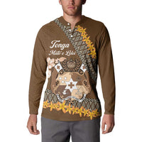 Personalised Tonga Language Week Button Sweatshirt Malo e Lelei Tongan Ngatu Pattern - Brown