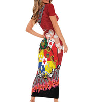 Personalised Tonga Language Week Family Matching Short Sleeve Bodycon Dress and Hawaiian Shirt Malo e Lelei Tongan Ngatu Pattern - Red