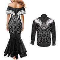 Kia Kaha Te Reo Maori Couples Matching Mermaid Dress and Long Sleeve Button Shirt Aotearoa Hei Tiki With Hongi LT14 - Polynesian Pride